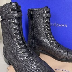 Brand New Stuart Weitzman Thalia Dazzle Glitter Lace Up Moto boots